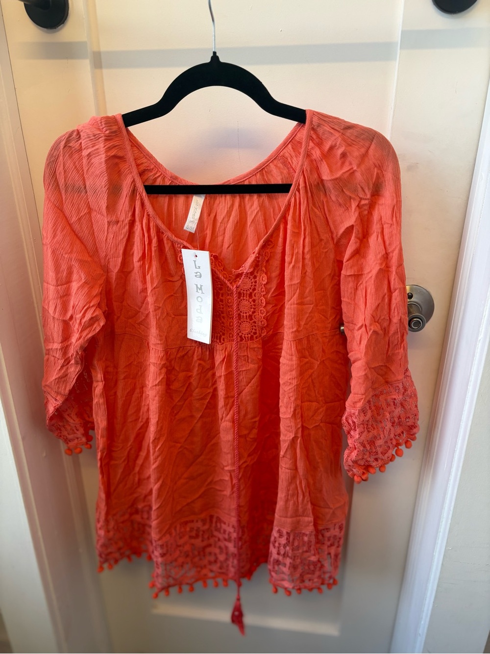 Women’s Coral Crochet-Trim Tunic with Tassel Tie